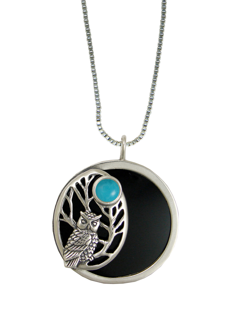 Sterling Silver Black Onyx Disc Wise Owl Pendant Necklace With Turquoise
